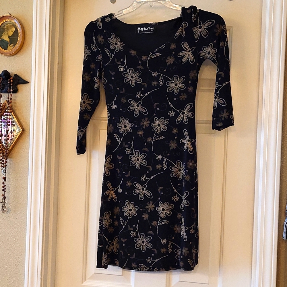 All That Jazz Black Mini Dress with Gold Floral Print